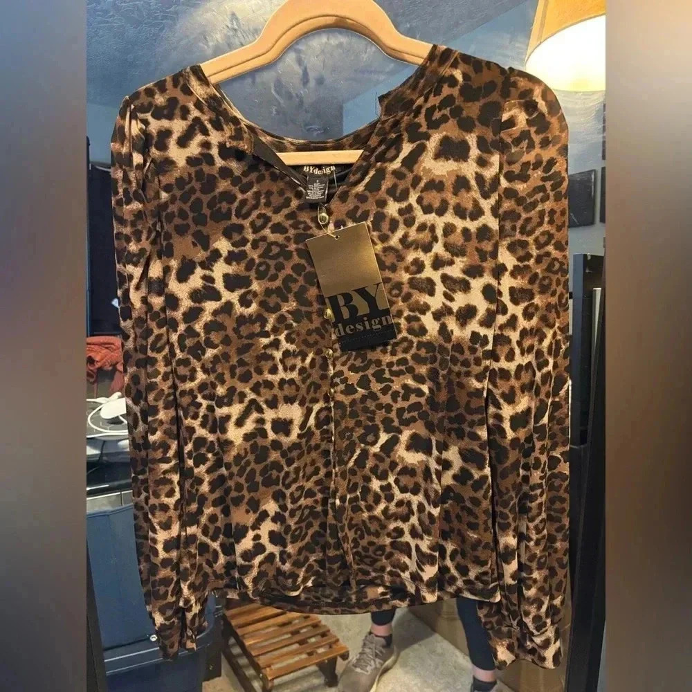 NWT By Design boutique semi sheer long sleeve cheetah print blouse S
